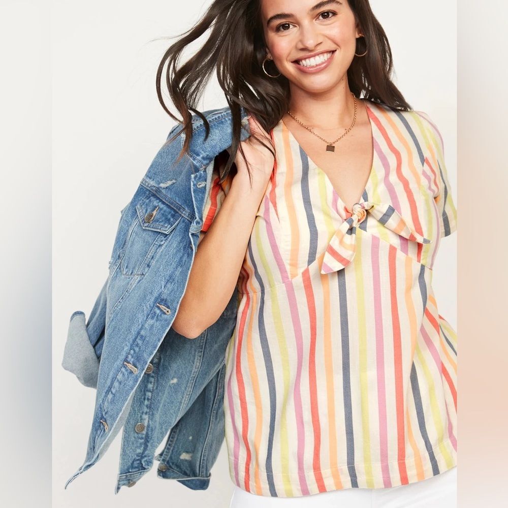 Short-Sleeve Smocked Knotted Striped Blouse